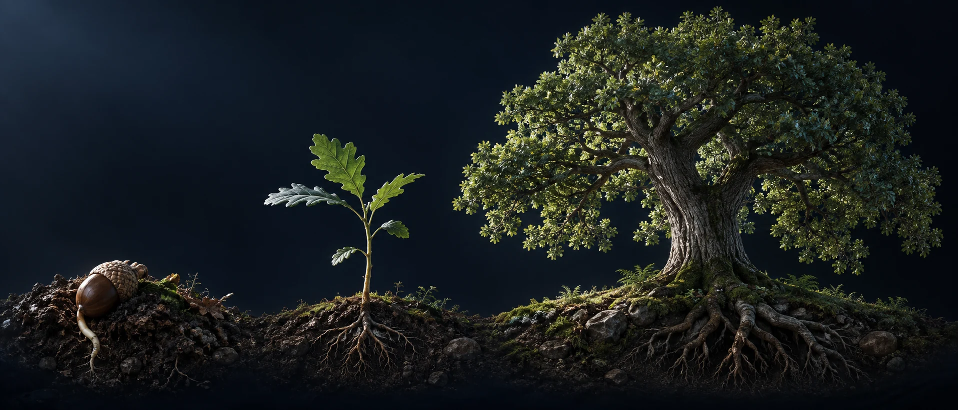 An acorn, a young oak and a branching mature tree illustrate a growing learning journey