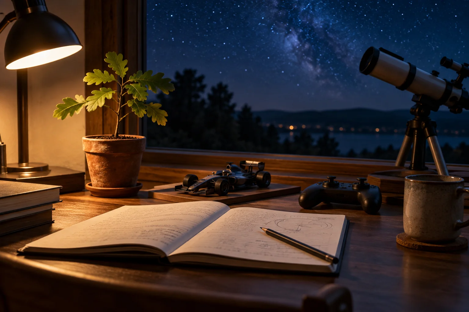A study desk with a racing model, game controller, telescope and oak sapling