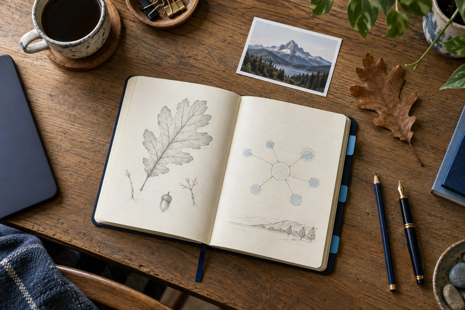 A notebook, index tabs, a small photograph and an oak leaf on a calm study desk